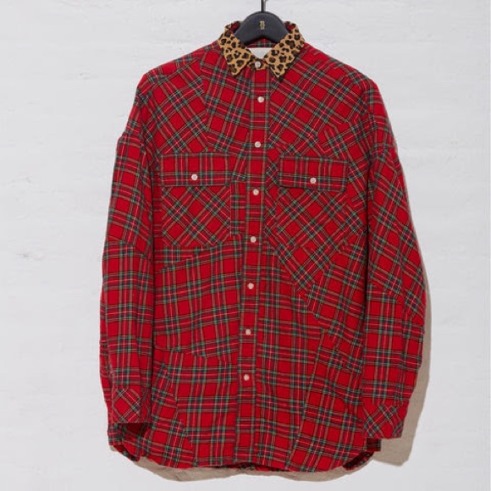R13 Vibrant Red Plaid Shirt with Leopard Print Collar